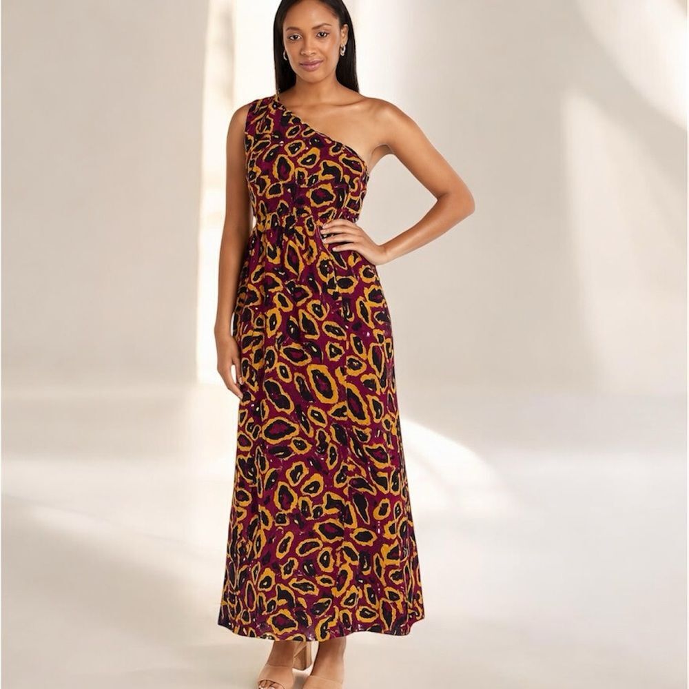 Nicole Miller Magenta Purple One Shoulder Elastic Waist Belted Maxi Dress 14 NWT